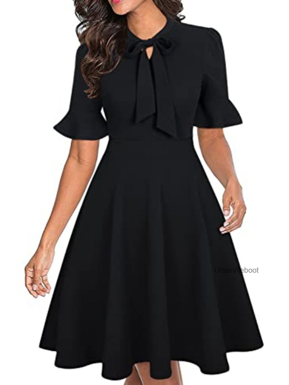 Women Floral Ruffle Sleeve A-line Dress with Tie Neck